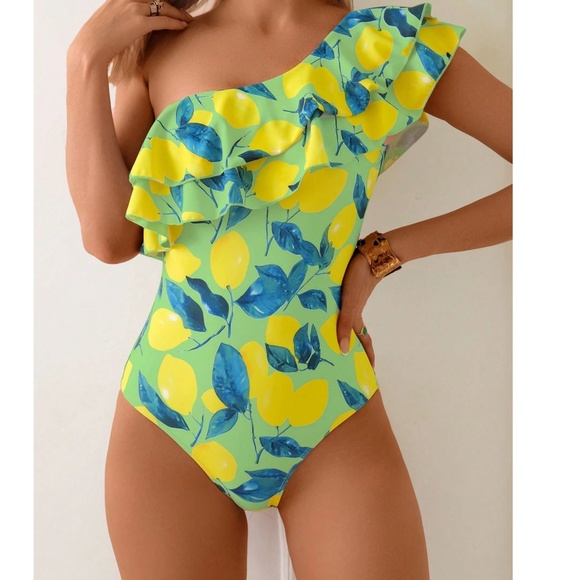 Colorful Lemon leaves Print Ruffle Detail One Shoulder Monokini One Piece Swimsu - Picture 1 of 4